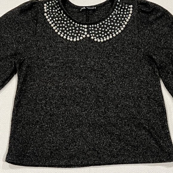 Zara Sweater Dark Gray Knit Pearl Studded Neckline Balloon Sleeves Size Small - Picture 3 of 9